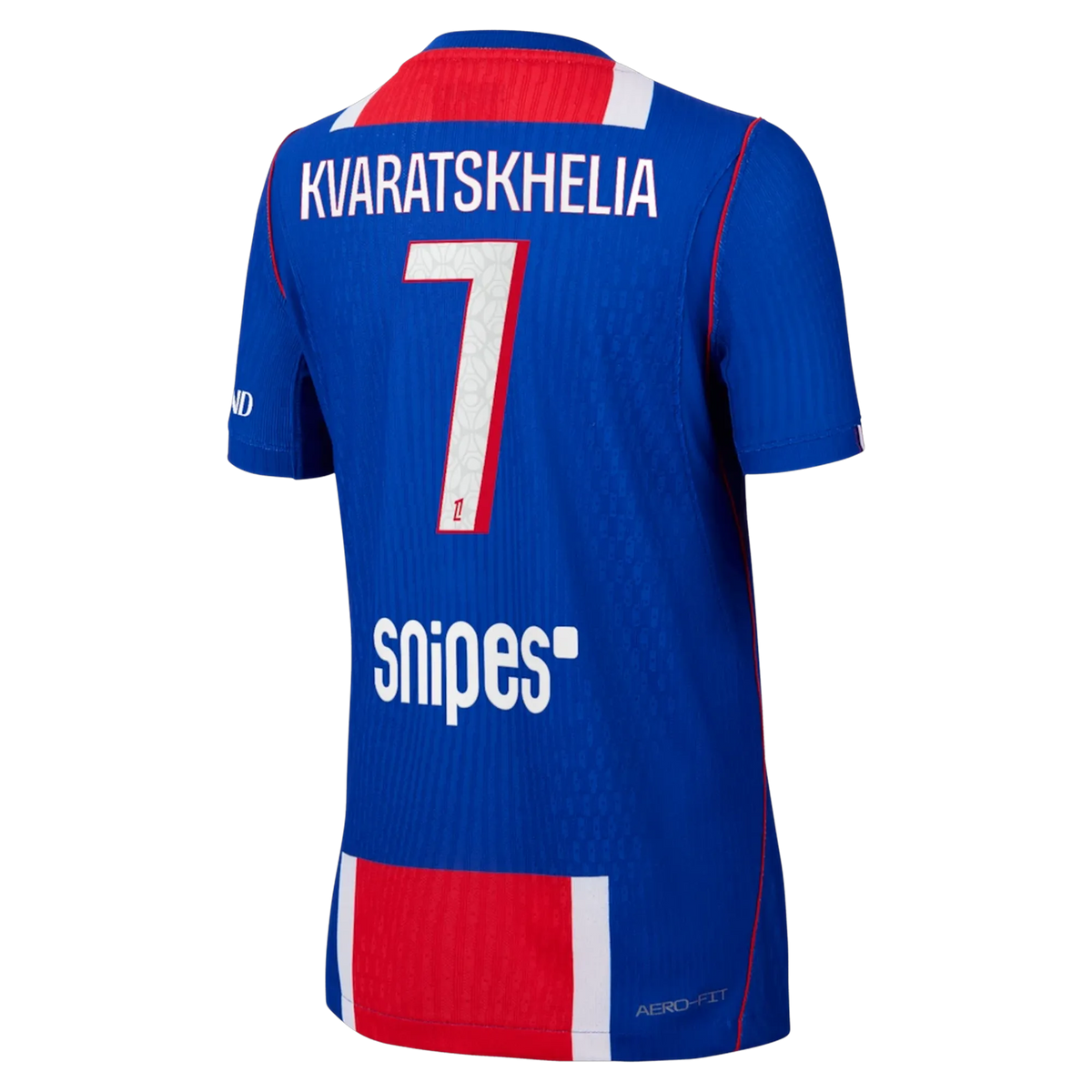 Back view of youth Paris Saint-Germain 2026-2027 home blue match authentic football shirt with Kvaratskhelia name and number 7 printing by Final Third Kit