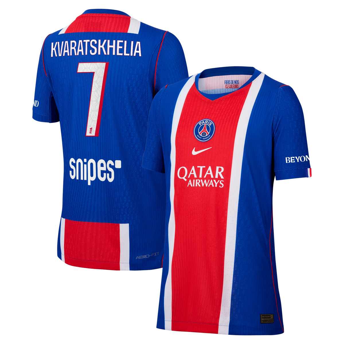 Front and back view of youth Paris Saint-Germain 2026-2027 home blue match authentic custom jersey featuring Kvaratskhelia by Final Third Kit