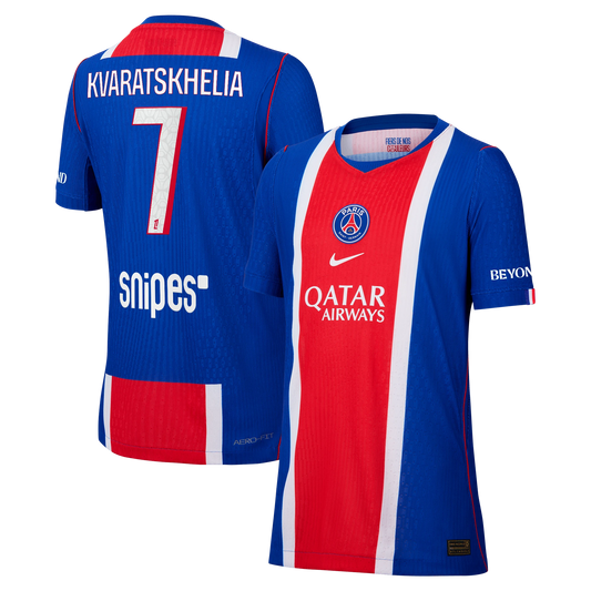 Front and back view of youth Paris Saint-Germain 2026-2027 home blue match authentic custom jersey featuring Kvaratskhelia by Final Third Kit