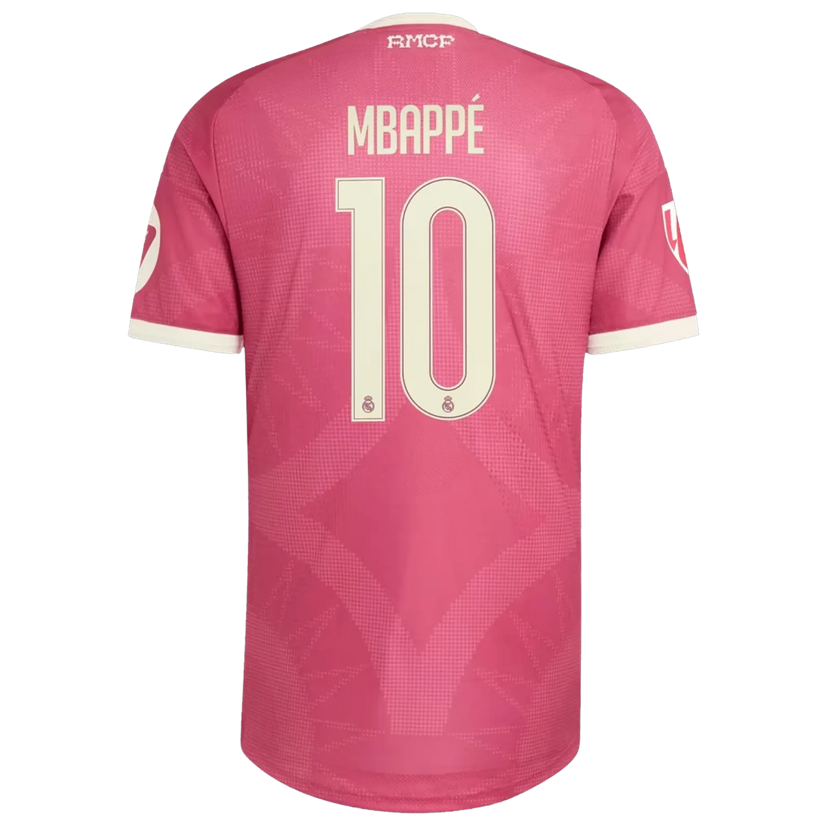 Back view of men's Real Madrid 2026-2027 third pink on-field authentic football shirt with Kylian Mbappé name and number 9 printing by Final Third Kit