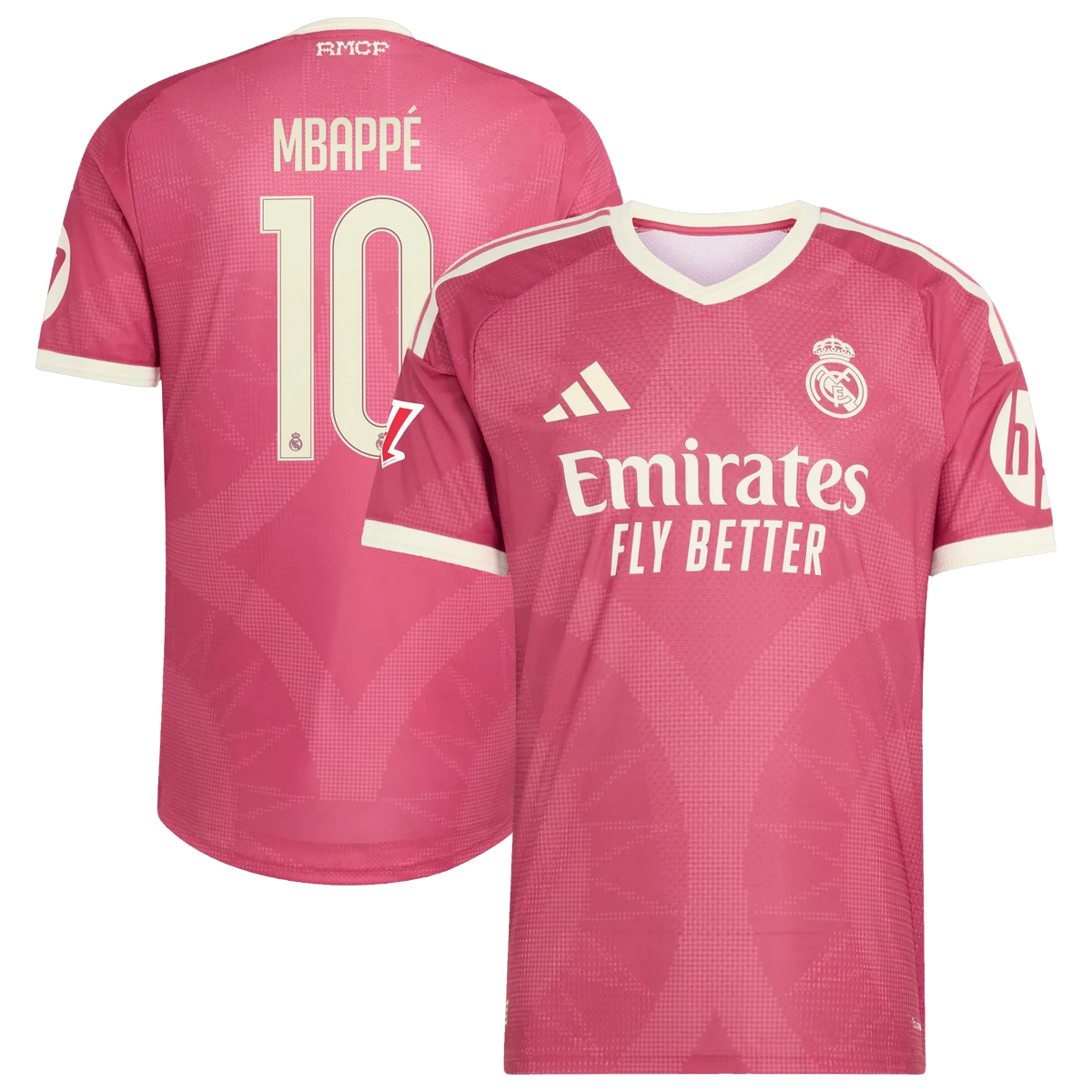 Front and back view of men's Real Madrid 2026-2027 third pink on-field authentic jersey featuring Kylian Mbappé by Final Third Kit