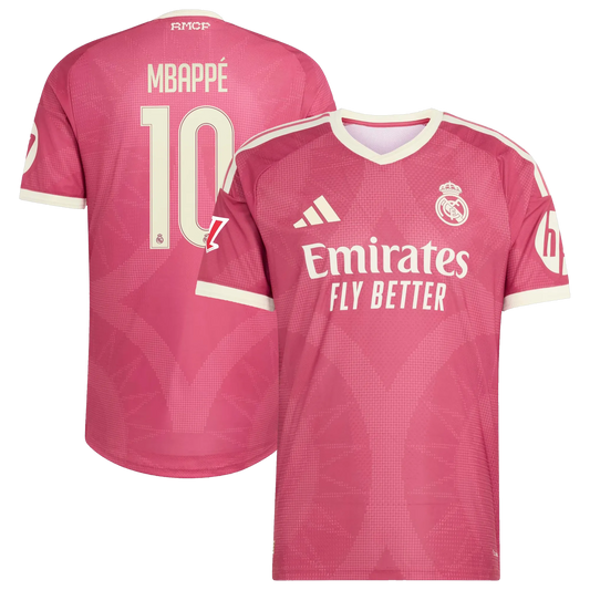 Front and back view of men's Real Madrid 2026-2027 third pink on-field authentic jersey featuring Kylian Mbappé by Final Third Kit