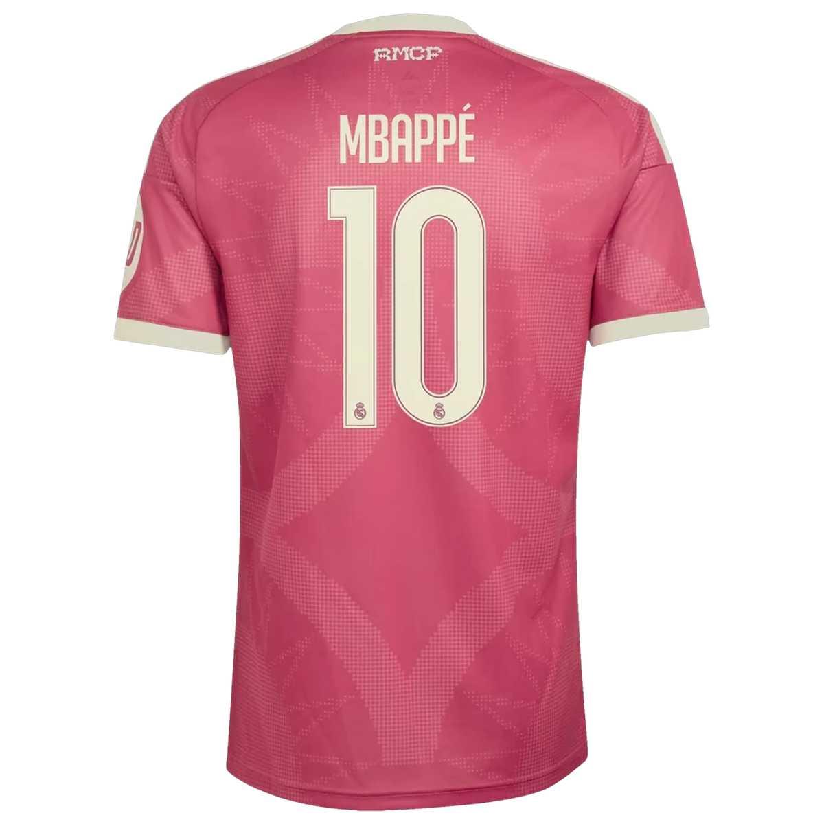 Back view of men's Real Madrid 2026-2027 third pink replica football shirt with Kylian Mbappé name and number 9 printing by Final Third Kit