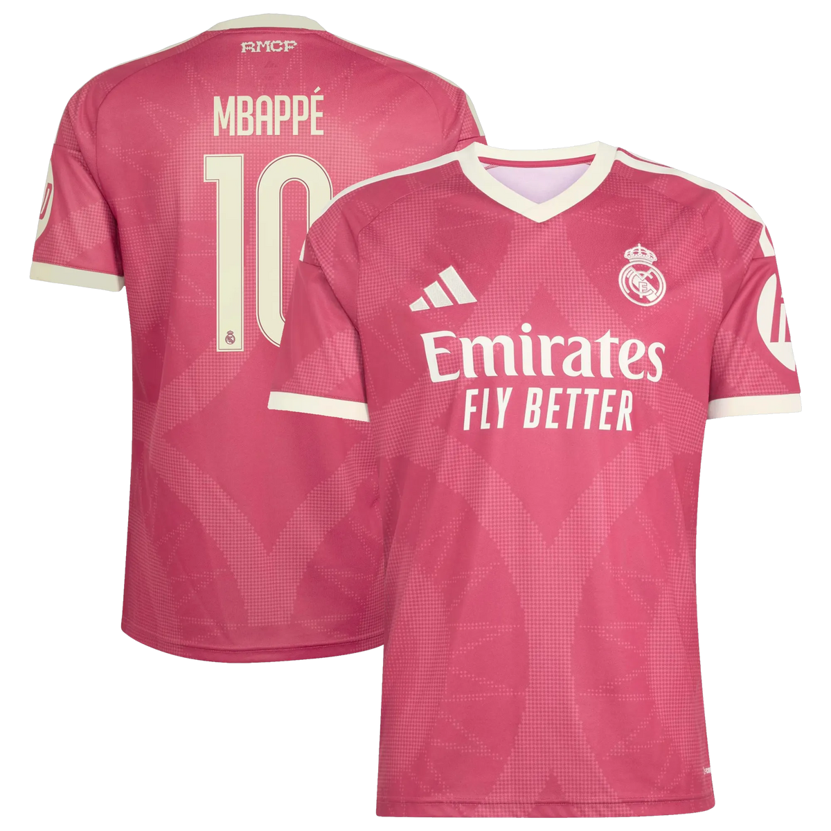 Front and back view of men's Real Madrid 2026-2027 third pink replica jersey featuring Kylian Mbappé by Final Third Kit