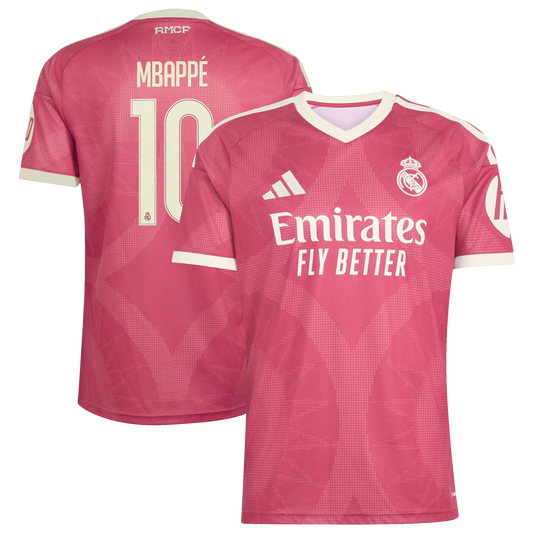 Front and back view of men's Real Madrid 2026-2027 third pink replica jersey featuring Kylian Mbappé by Final Third Kit