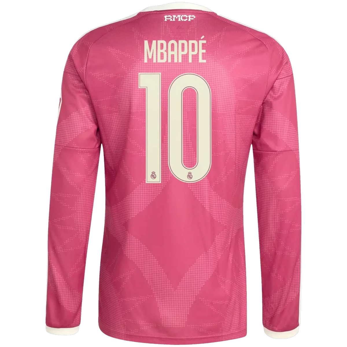 Back view of men's Real Madrid 2026-2027 third pink replica long sleeve football shirt with Kylian Mbappé name and number 9 printing by Final Third Kit