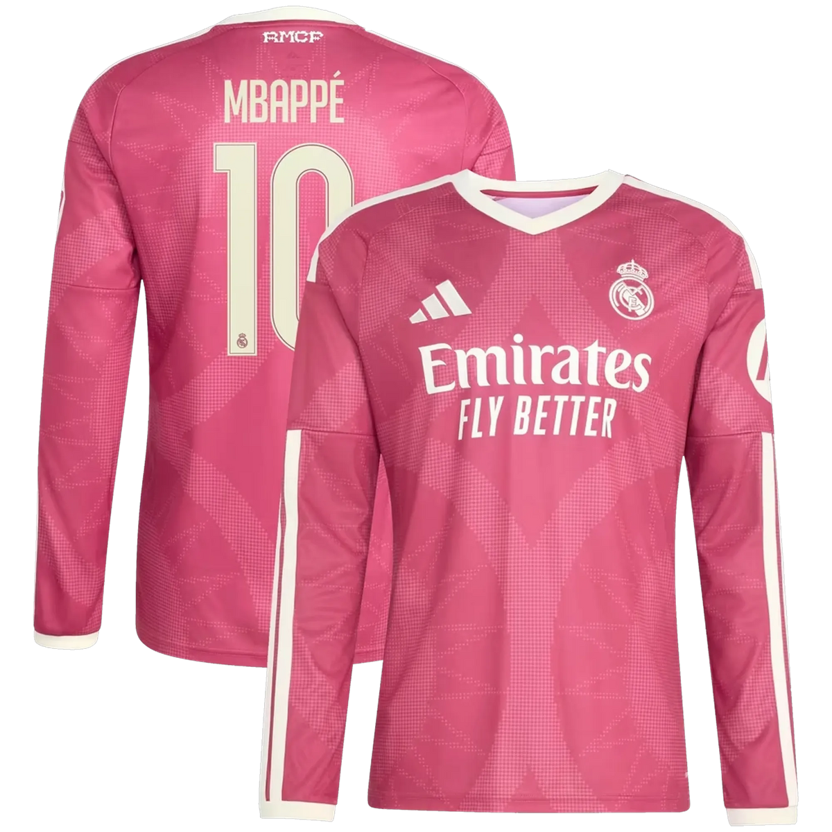 Front and back view of men's Real Madrid 2026-2027 third pink replica long sleeve jersey featuring Kylian Mbappé by Final Third Kit