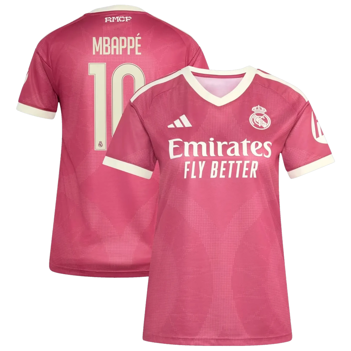 Front and back view of women's Real Madrid 2026-2027 third pink replica jersey featuring Kylian Mbappé by Final Third Kit