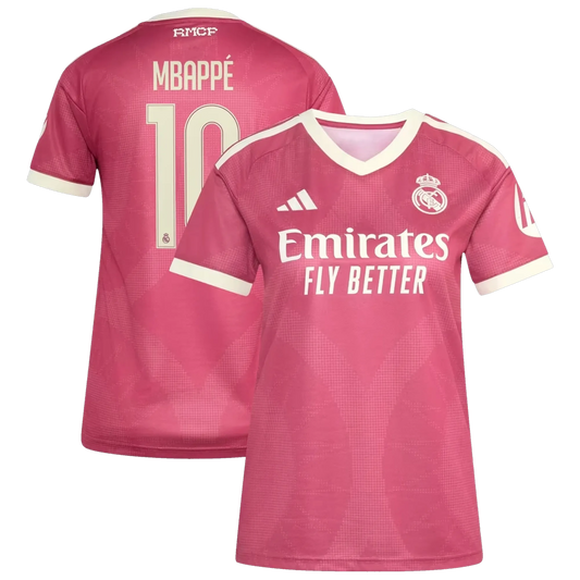 Front and back view of women's Real Madrid 2026-2027 third pink replica jersey featuring Kylian Mbappé by Final Third Kit