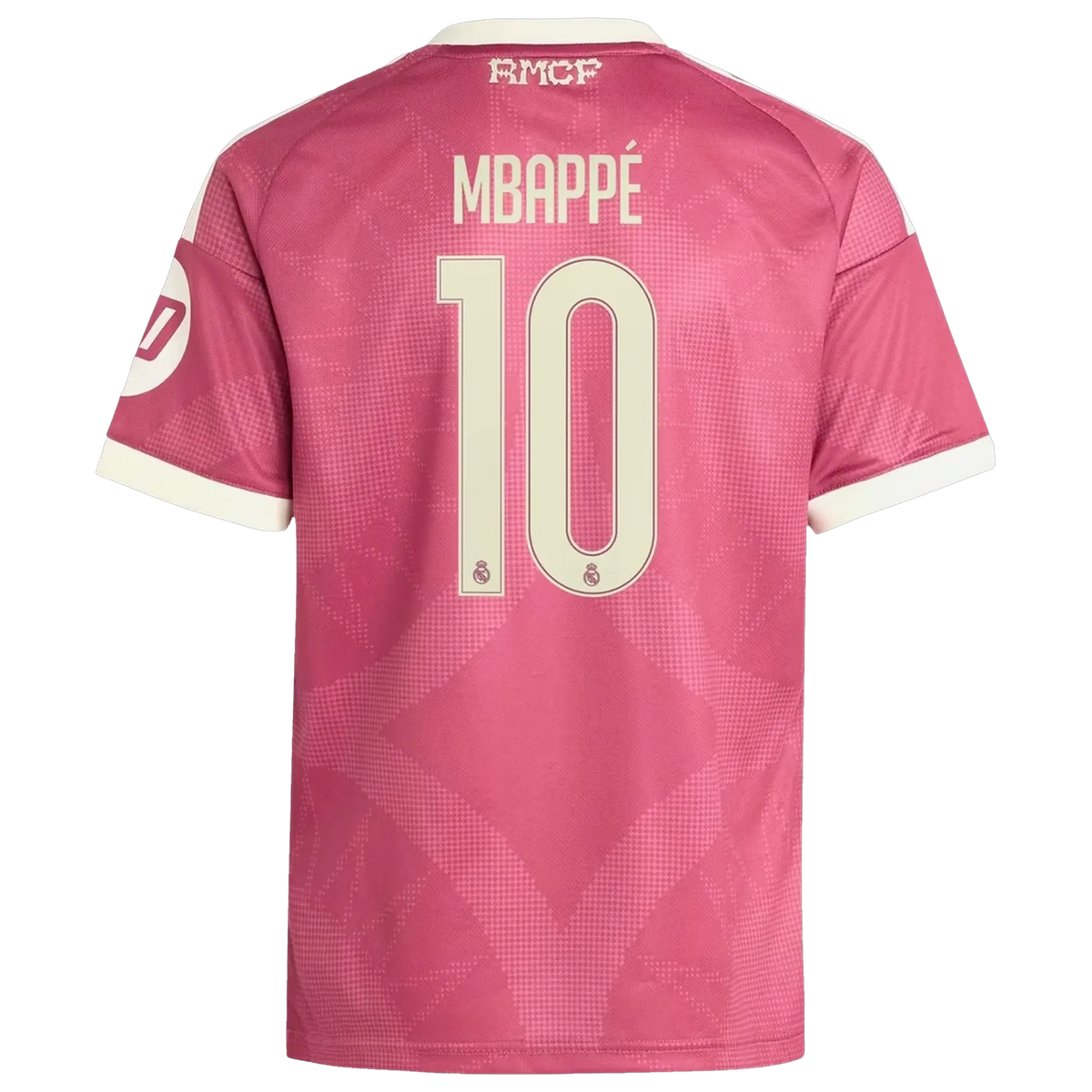 Back view of youth Real Madrid 2026-2027 third pink replica football shirt with Kylian Mbappé name and number 9 printing by Final Third Kit