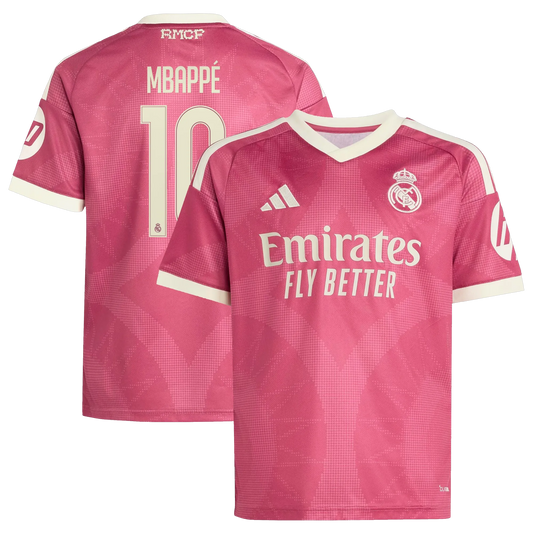 Front and back view of youth Real Madrid 2026-2027 third pink replica jersey featuring Kylian Mbappé by Final Third Kit