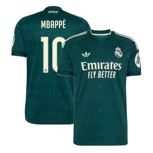 Front and back view of men's Real Madrid 2026-2027 away green replica jersey featuring Kylian Mbappe by Final Third Kit