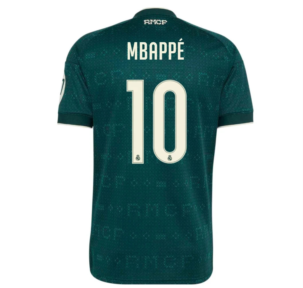 Back view of men's Real Madrid 2026-2027 away green football shirt with Kylian Mbappe name and number 10 printing by Final Third Kit