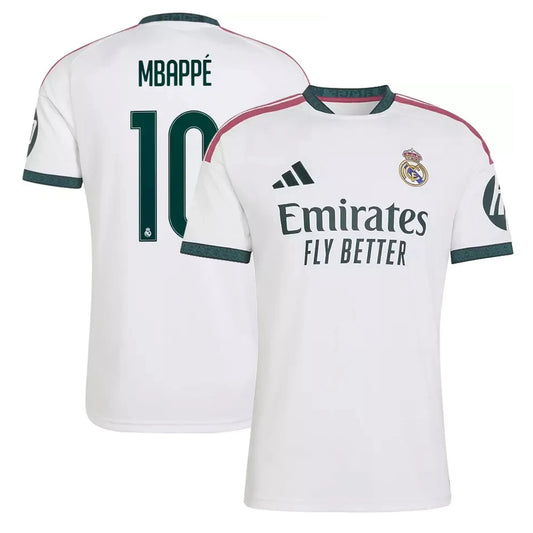 Front and back view of men's Real Madrid 2026-2027 home white replica jersey featuring Kylian Mbappe by Final Third Kit