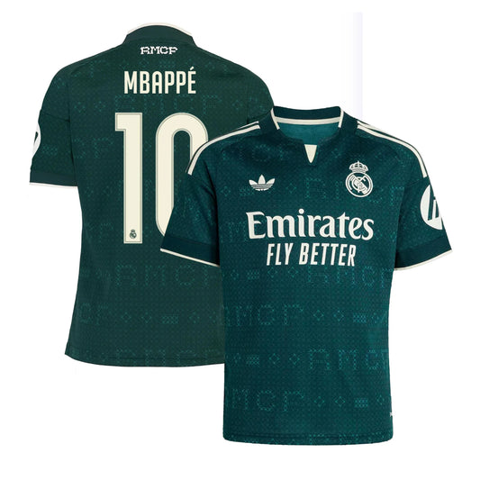 Front and back view of youth Real Madrid 2026-2027 away green replica jersey featuring Kylian Mbappe by Final Third Kit