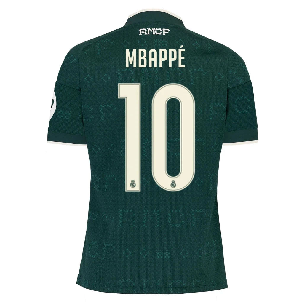Back view of youth Real Madrid 2026-2027 away green football shirt with Kylian Mbappe name and number 10 printing by Final Third Kit