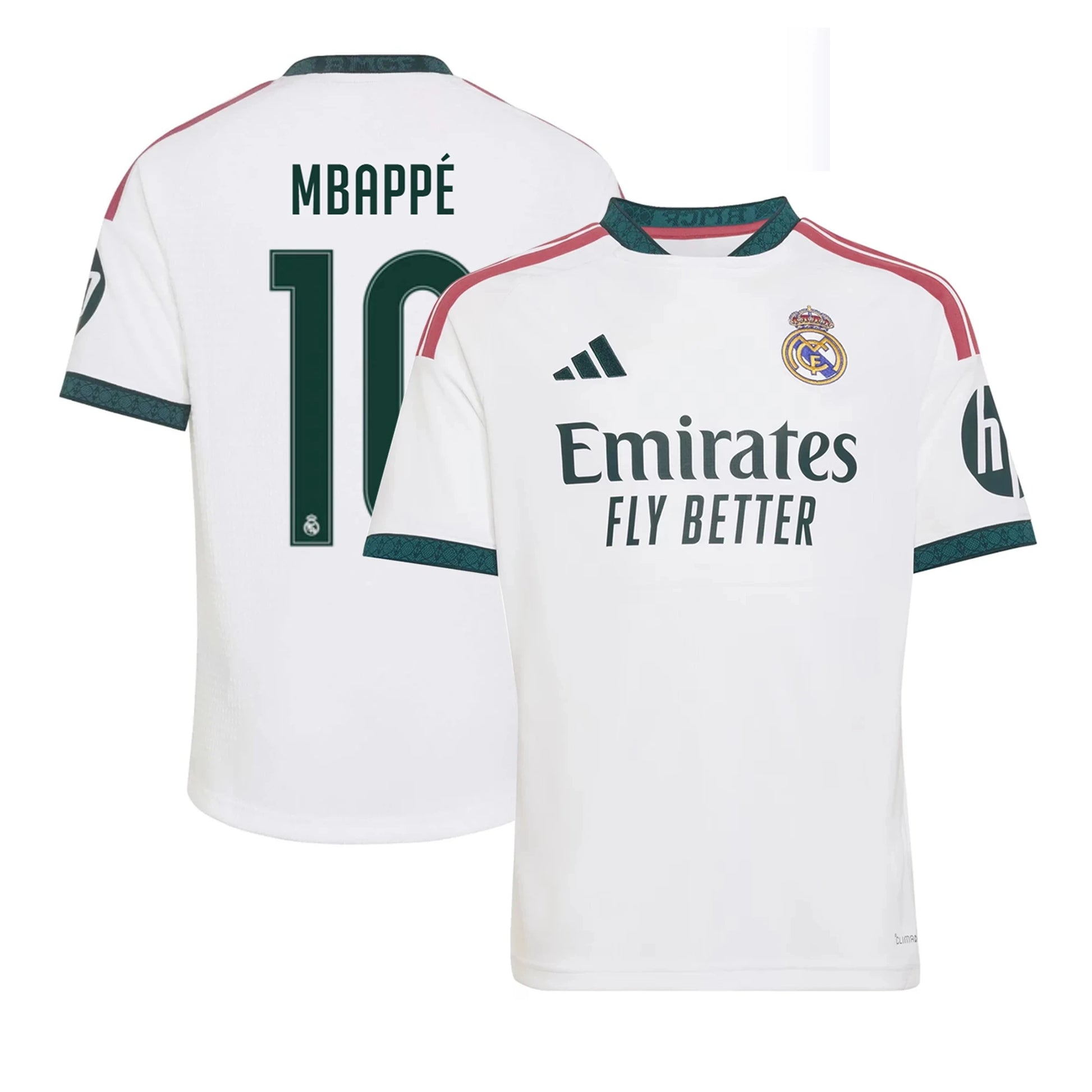 Front and back view of youth Real Madrid 2026-2027 home white replica jersey featuring Kylian Mbappe by Final Third Kit