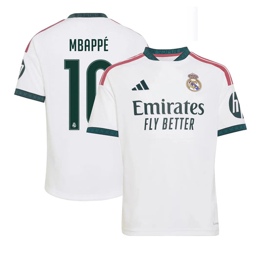 Front and back view of youth Real Madrid 2026-2027 home white replica jersey featuring Kylian Mbappe by Final Third Kit