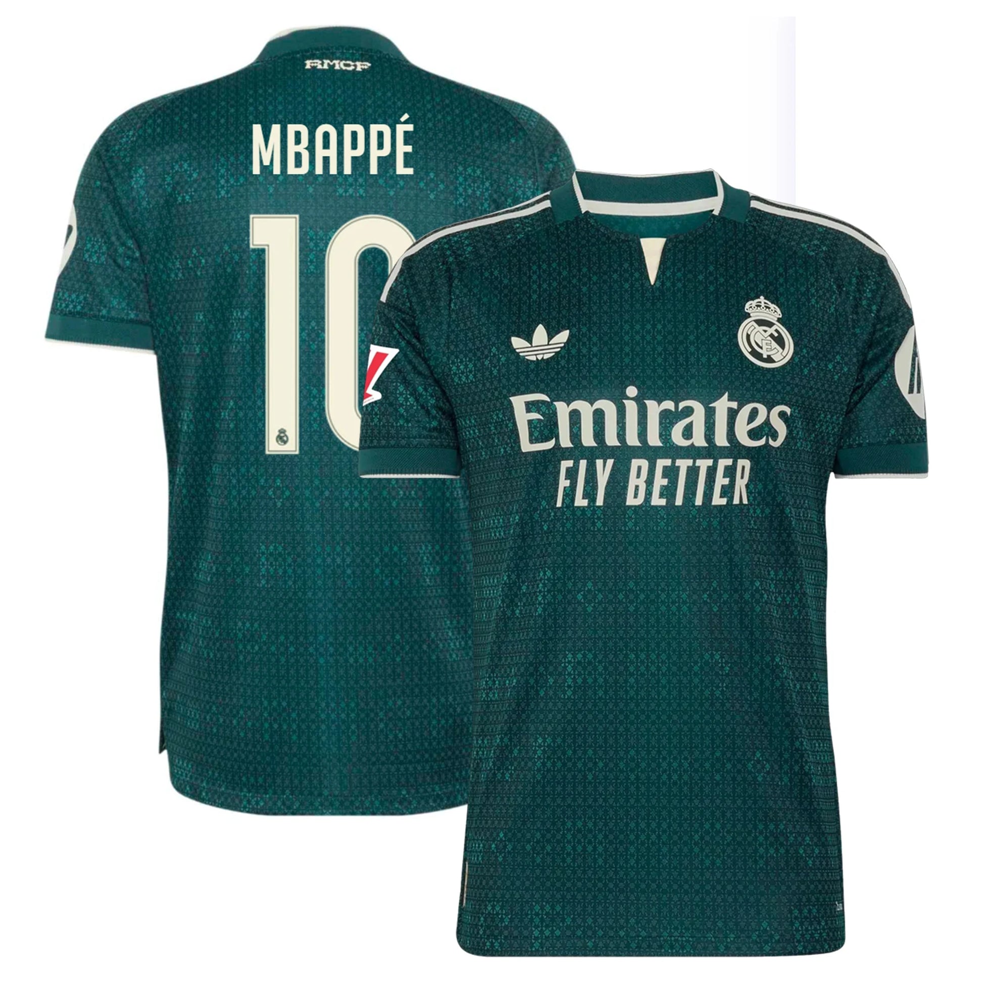 Front and back view of men's Real Madrid 2026-2027 away green on-field authentic jersey featuring Kylian Mbappe by Final Third Kit