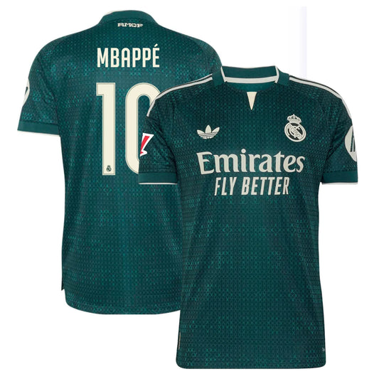 Front and back view of men's Real Madrid 2026-2027 away green on-field authentic jersey featuring Kylian Mbappe by Final Third Kit