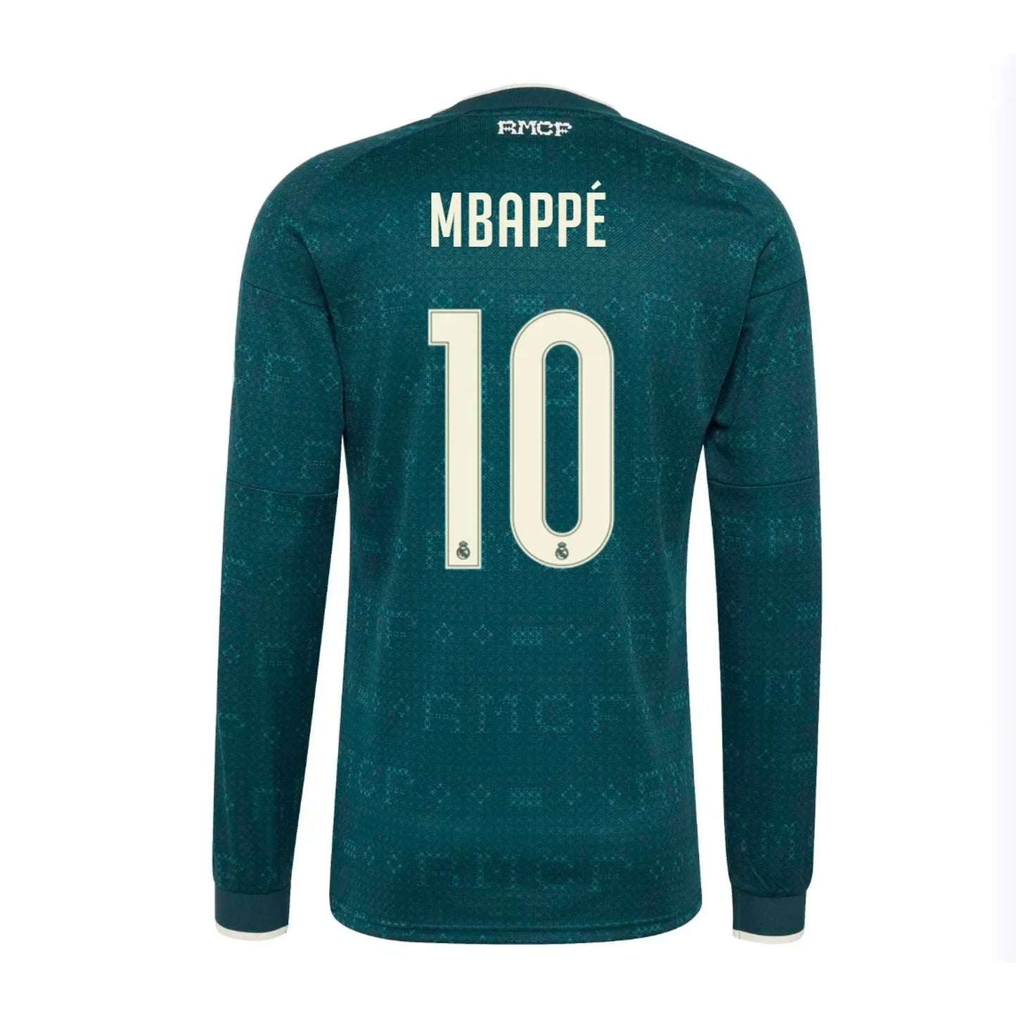 Back view of men's Real Madrid 2026-2027 away green long sleeve football shirt with Kylian Mbappe name and number 10 printing by Final Third Kit