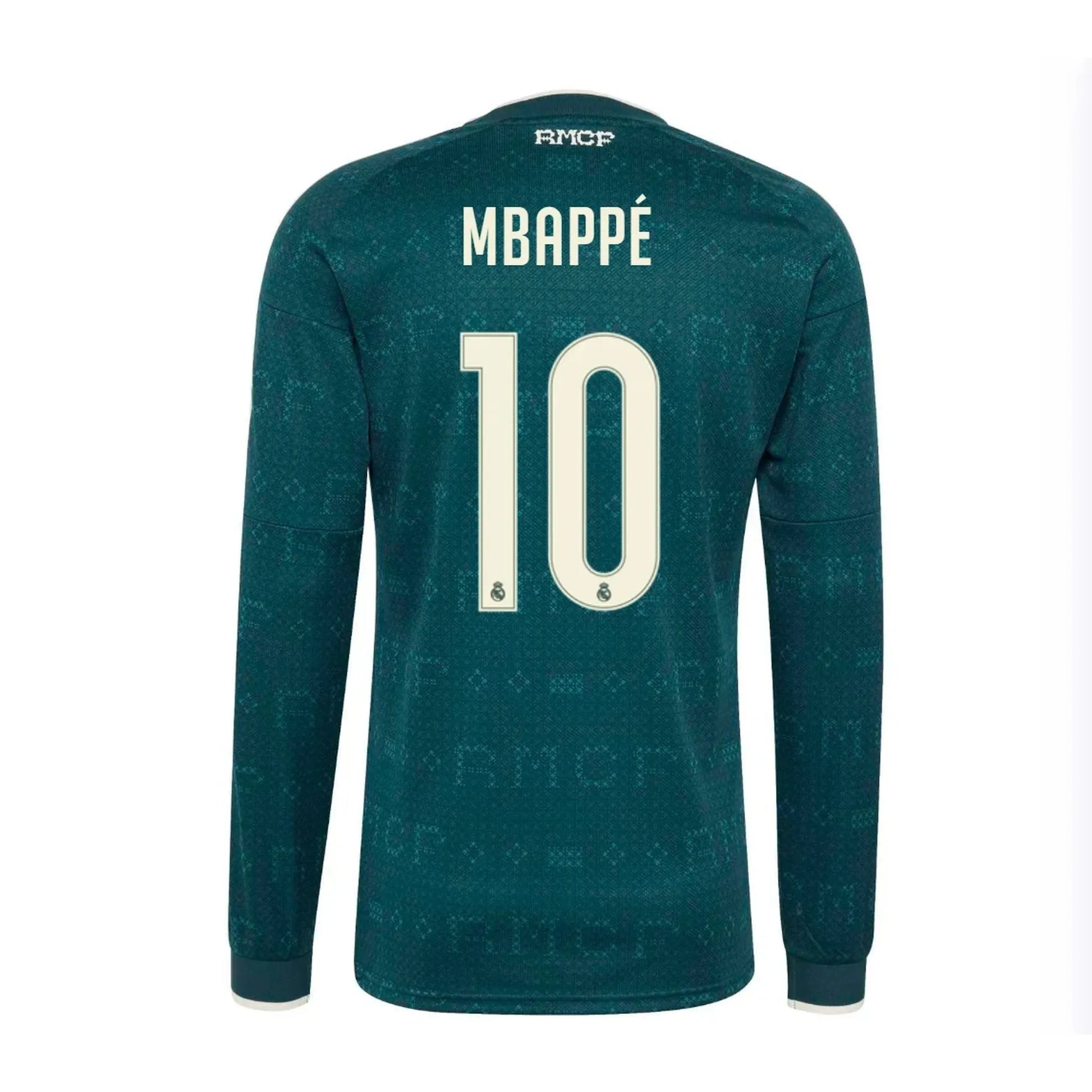 Back view of men's Real Madrid 2026-2027 away green long sleeve football shirt with Kylian Mbappe name and number 10 printing by Final Third Kit