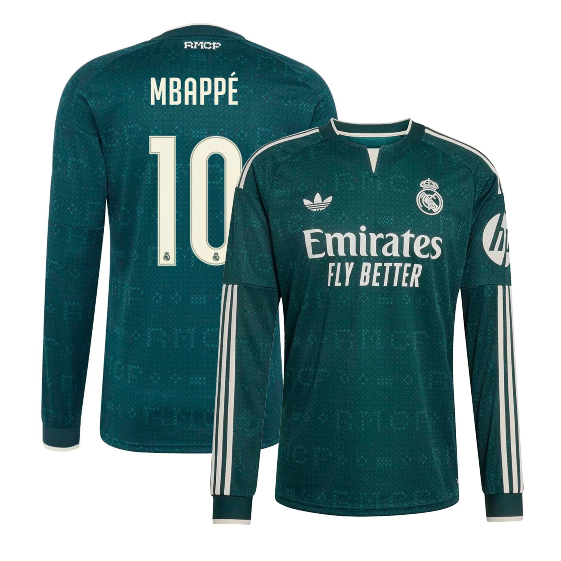 Front and back view of men's Real Madrid 2026-2027 away green replica long sleeve jersey featuring Kylian Mbappe by Final Third Kit
