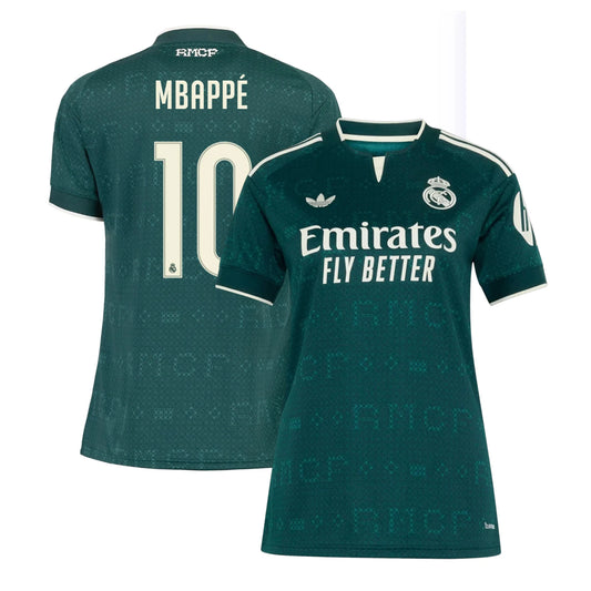 Front and back view of women's Real Madrid 2026-2027 away green replica jersey featuring Kylian Mbappe by Final Third Kit