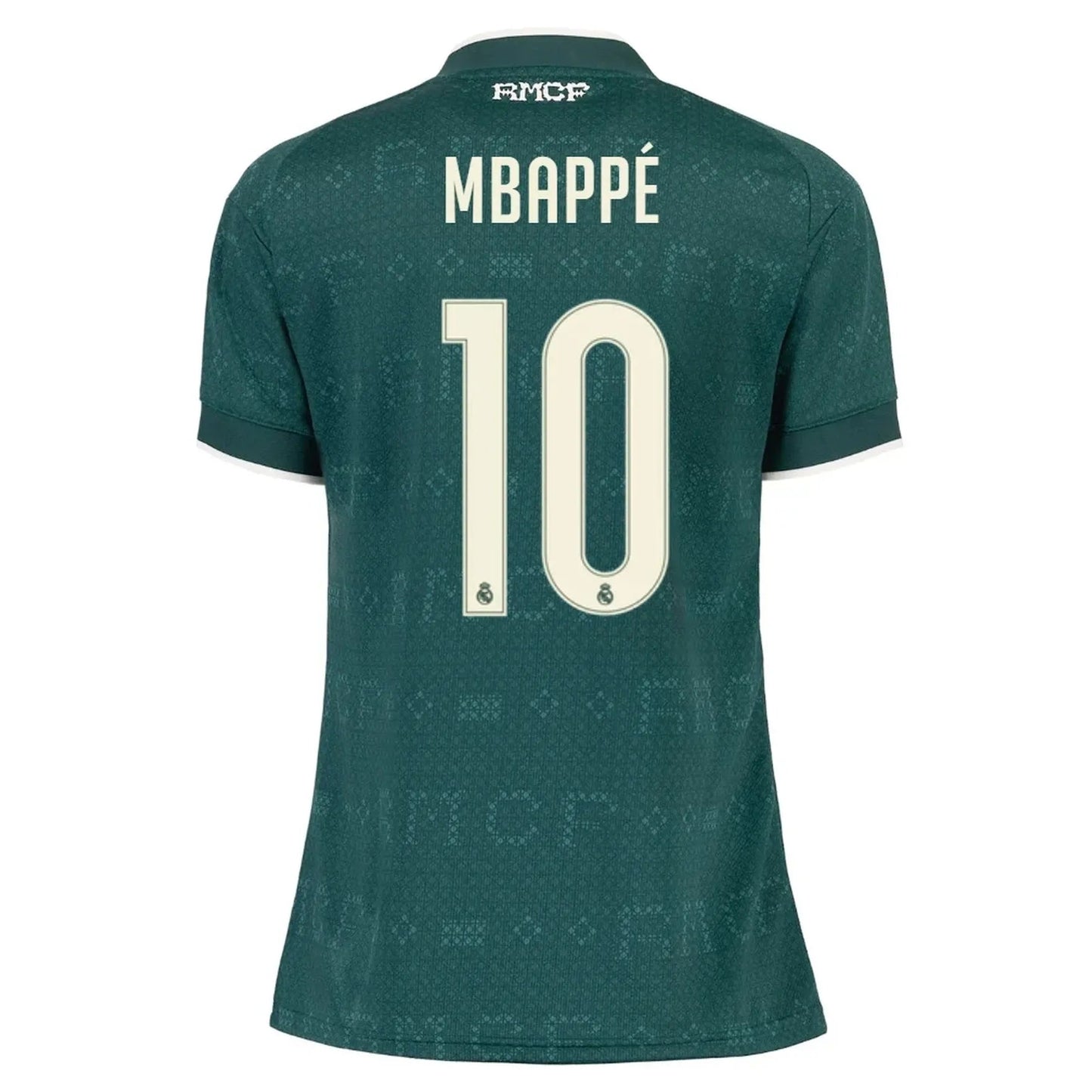 Back view of women's Real Madrid 2026-2027 away green football shirt with Kylian Mbappe name and number 10 printing by Final Third Kit