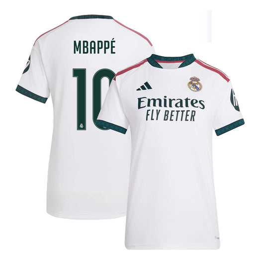 Front and back view of women's Real Madrid 2026-2027 home white replica jersey featuring Kylian Mbappe by Final Third Kit