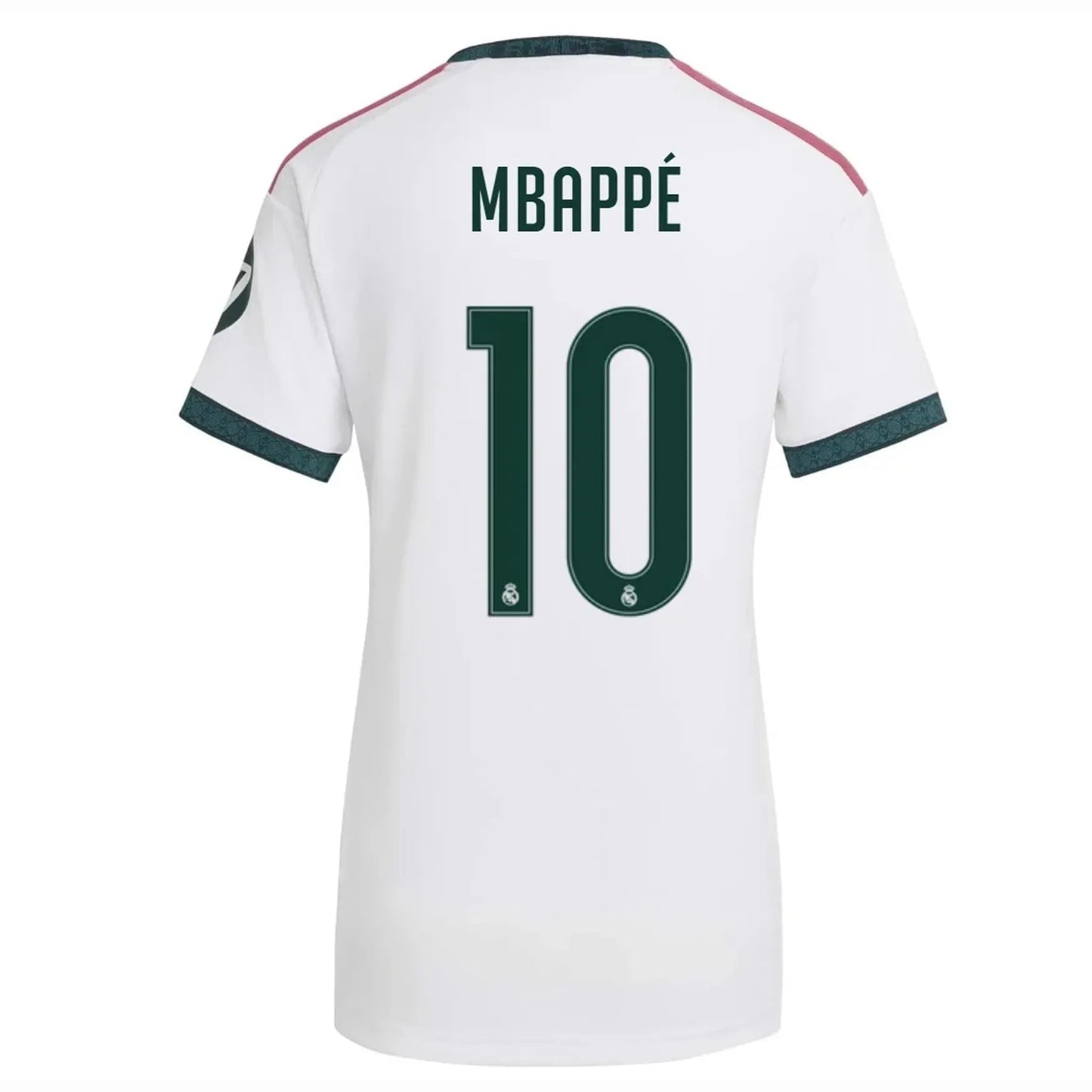 Back view of women's Real Madrid 2026-2027 home white football shirt with Kylian Mbappe name and number 10 printing by Final Third Kit