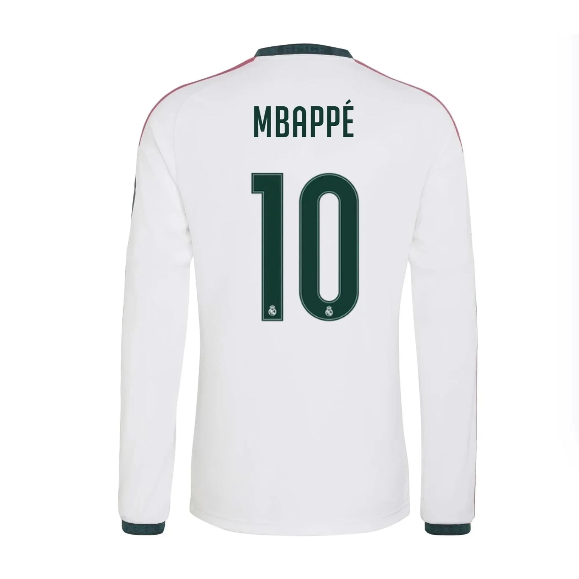 Back view of men's Real Madrid 2026-2027 home white long sleeve football shirt with Kylian Mbappe name and number 10 printing by Final Third Kit