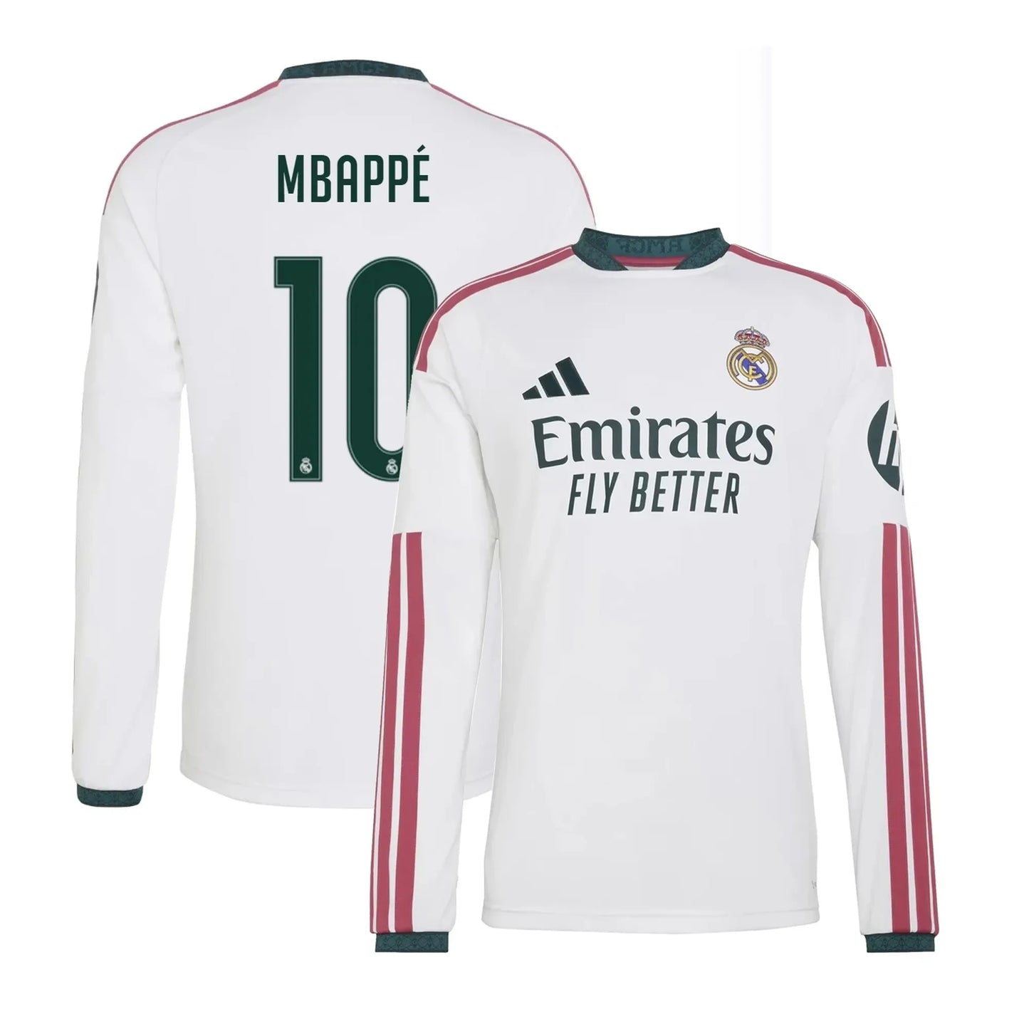 Front and back view of men's Real Madrid 2026-2027 home white replica long sleeve jersey featuring Kylian Mbappe by Final Third Kit