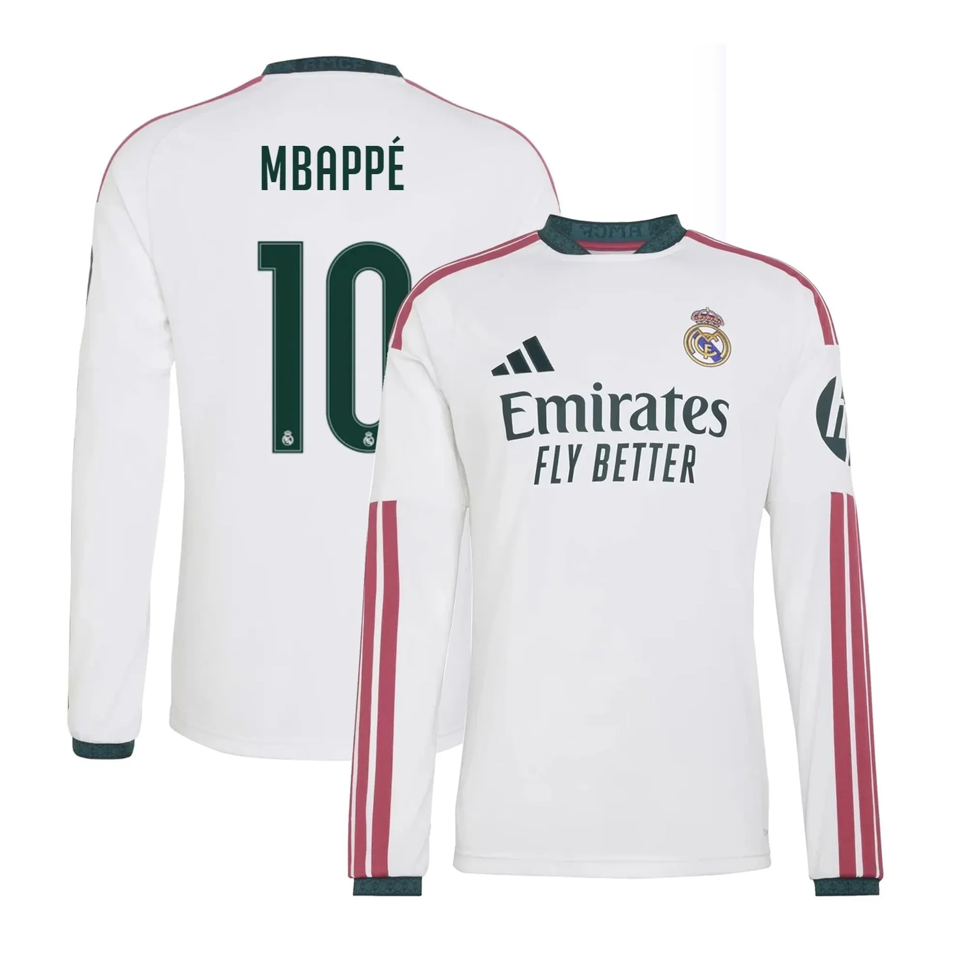 Front and back view of men's Real Madrid 2026-2027 home white replica long sleeve jersey featuring Kylian Mbappe by Final Third Kit