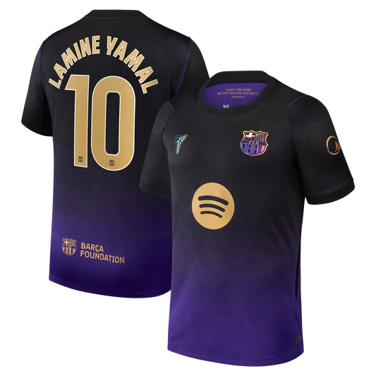 Front and back view of men's Barcelona 2026-2027 away purple stadium replica jersey featuring Pedri by Final Third Kit
