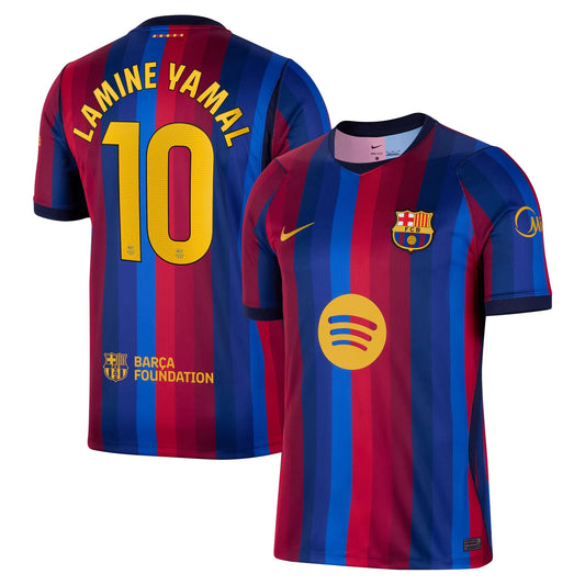 Front and back view of men's Barcelona 2026-2027 home red stadium replica jersey featuring Lamine Yamal by Final Third Kit