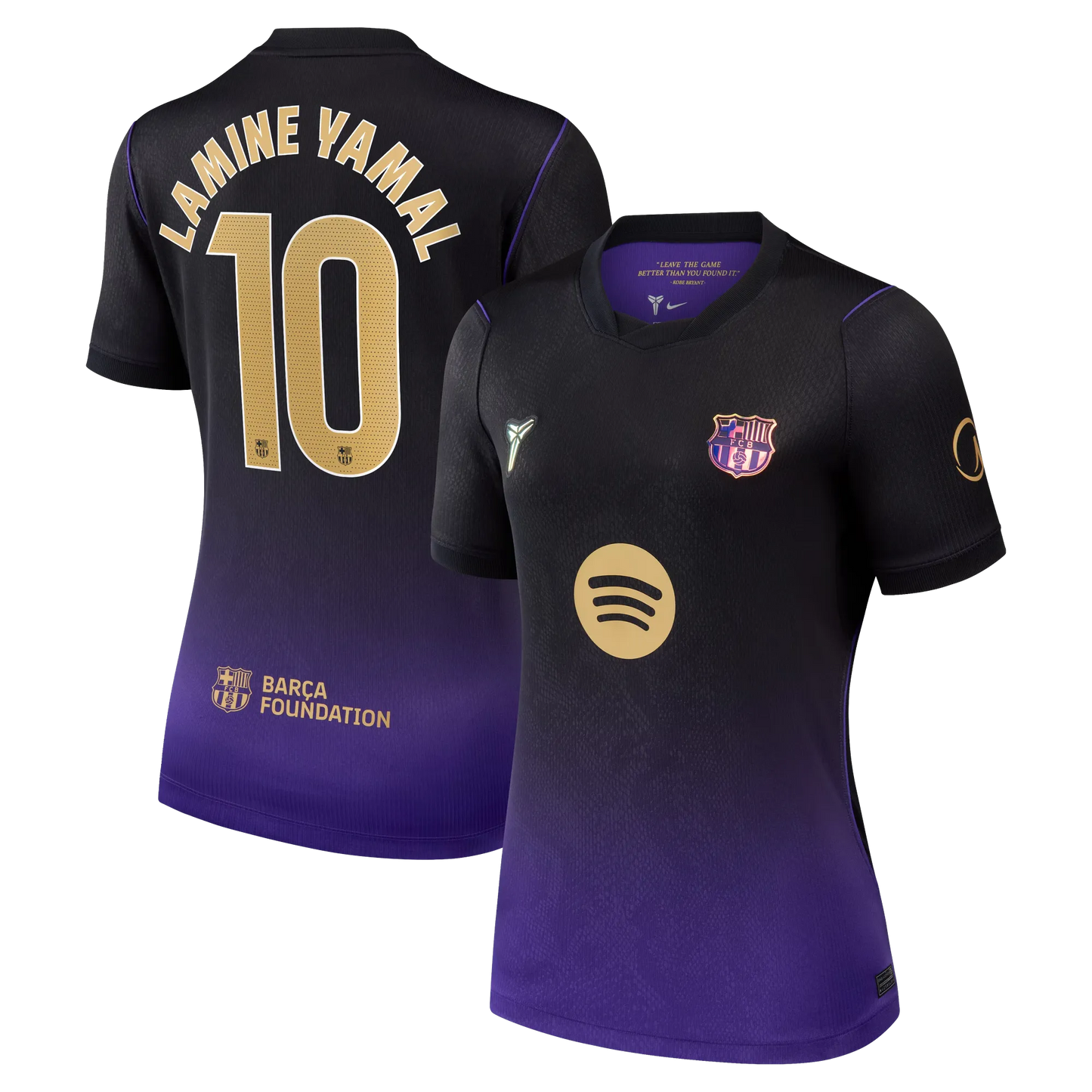 Front and back view of women's Barcelona 2026-2027 away purple stadium replica jersey featuring Lamine Yamal by Final Third Kit