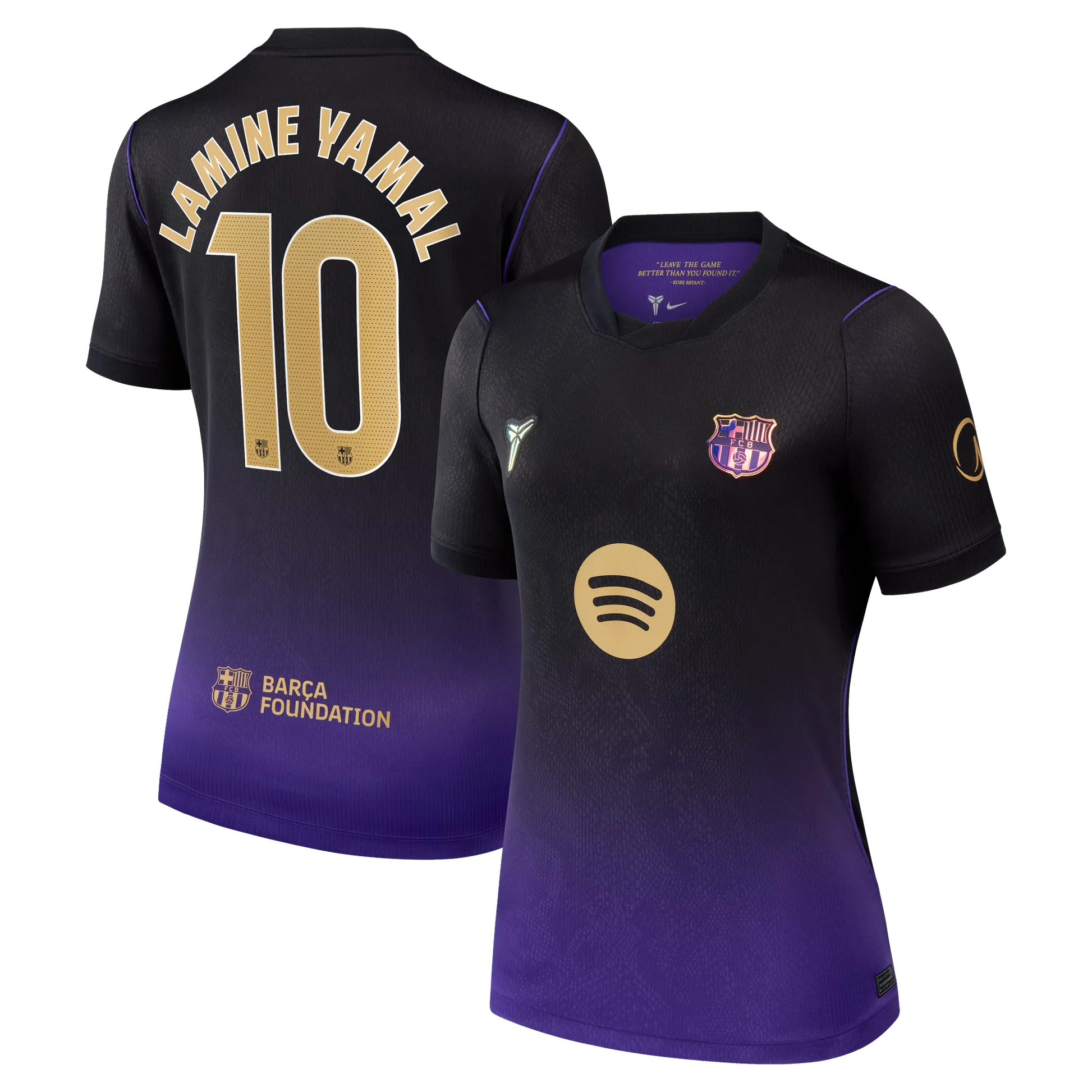 Front and back view of women's Barcelona 2026-2027 away purple stadium replica jersey featuring Lamine Yamal by Final Third Kit