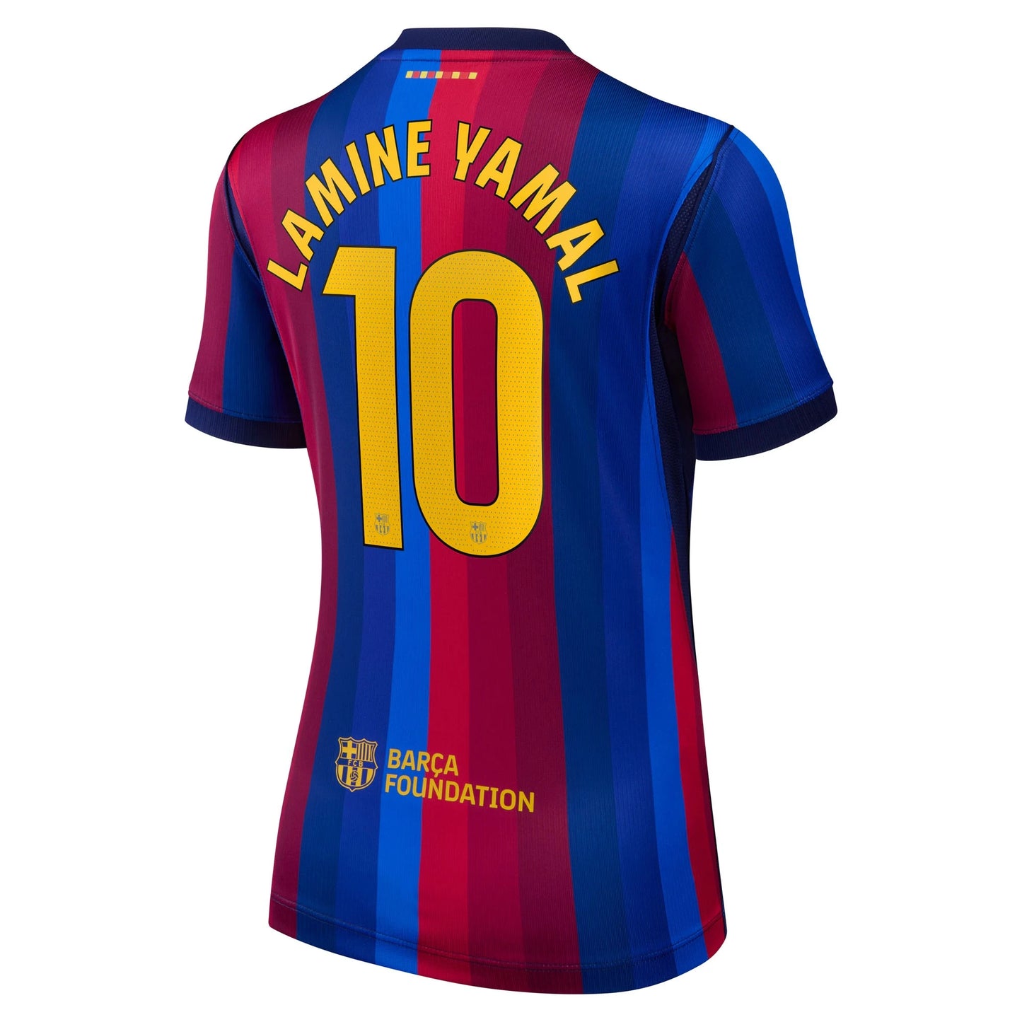 Back view of women's Barcelona 2026-2027 home blue and red stripes stadium replica football shirt with Lamine Yamal name and number 19 printing by Final Third Kit