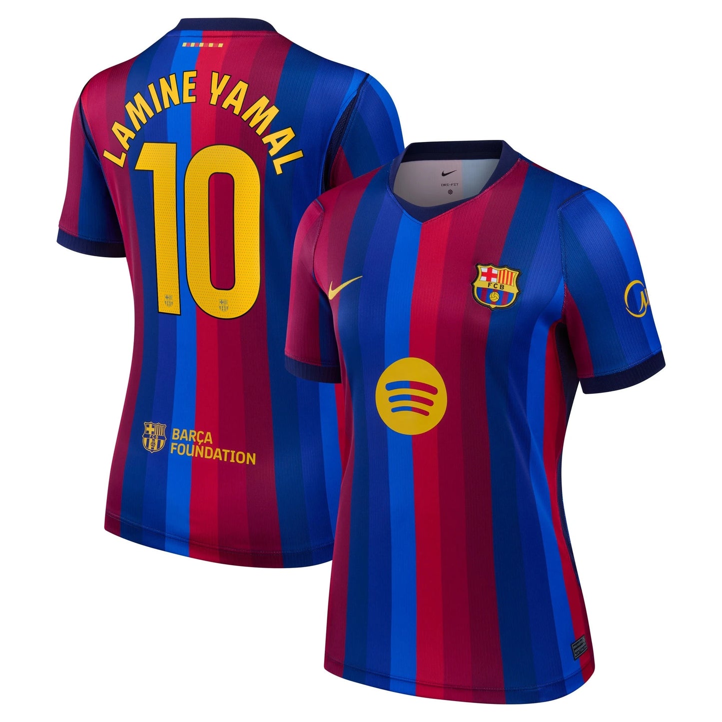 Front and back view of women's Barcelona 2026-2027 home blue and red stripes stadium replica jersey featuring Lamine Yamal by Final Third Kit