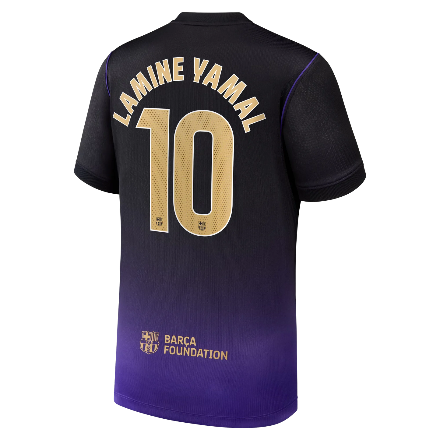 Back view of youth Barcelona 2026-2027 away purple stadium replica football shirt with Lamine Yamal name and number 19 printing by Final Third Kit