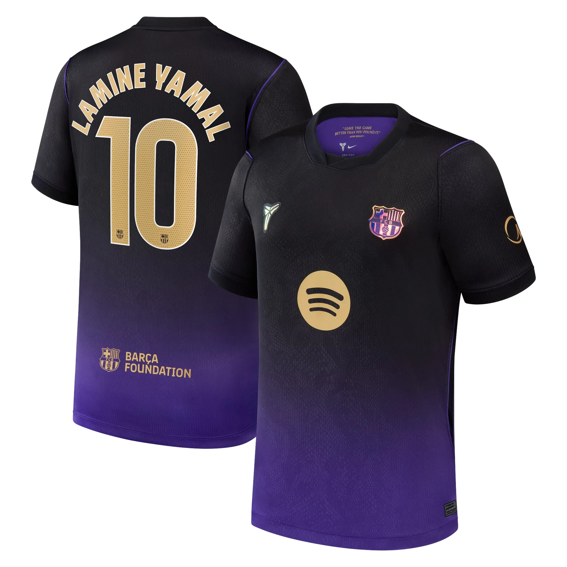 Front and back view of youth Barcelona 2026-2027 away purple stadium replica jersey featuring Lamine Yamal by Final Third Kit