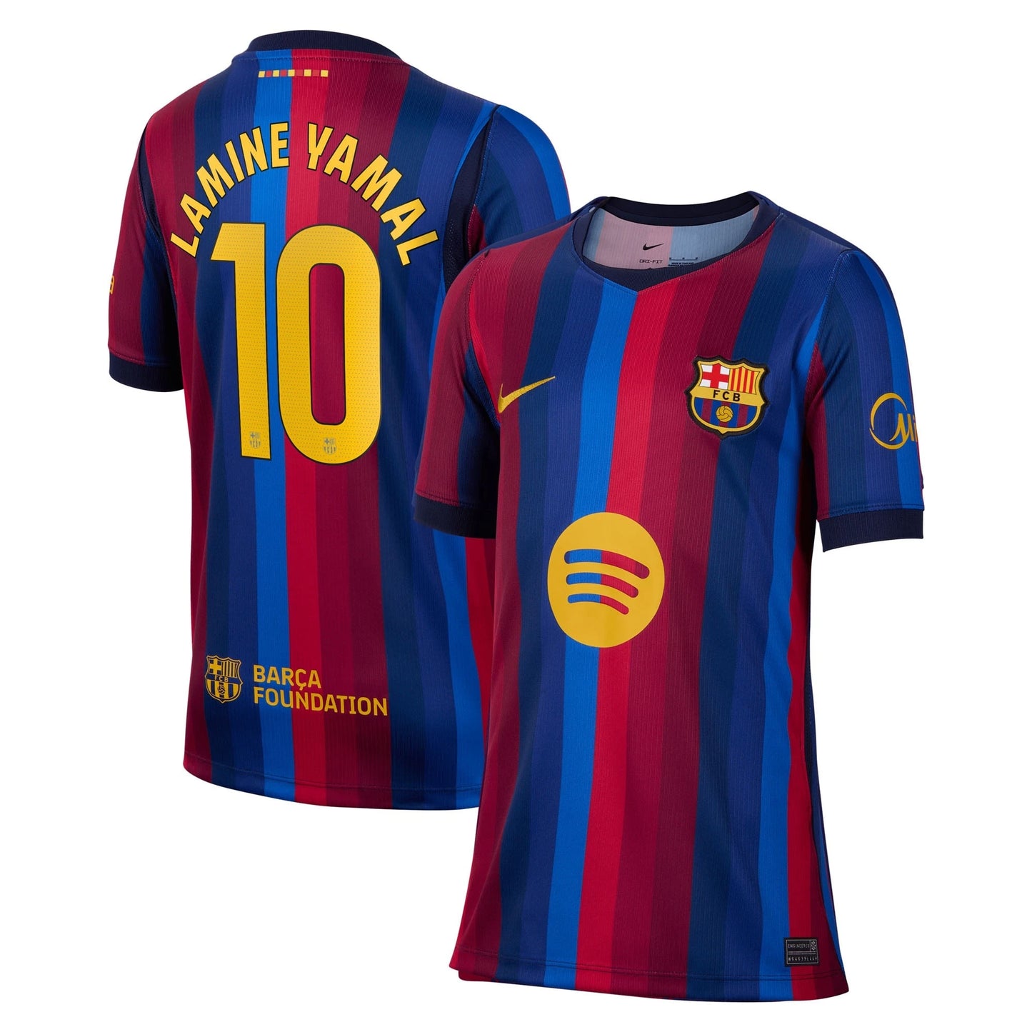 Front and back view of youth Barcelona 2026-2027 home blue and red stripes stadium replica jersey featuring Lamine Yamal by Final Third Kit