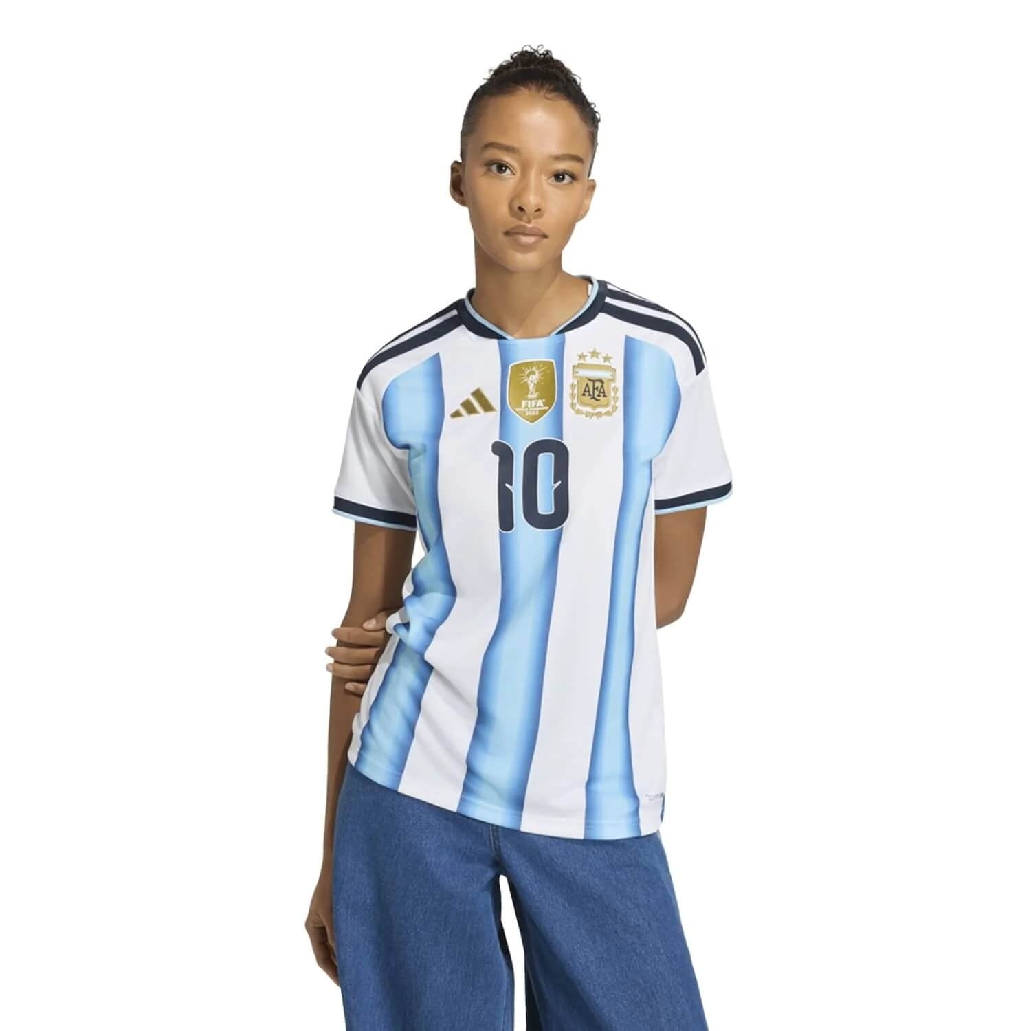 a grila wearing Argentina adidas Home Shirt 2026 - Womens with Messi 10 printing
