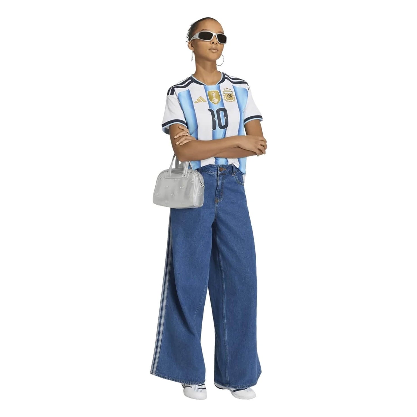 a model wearing a Argentina adidas Home Shirt 2026 - Womens with Messi 10 printing