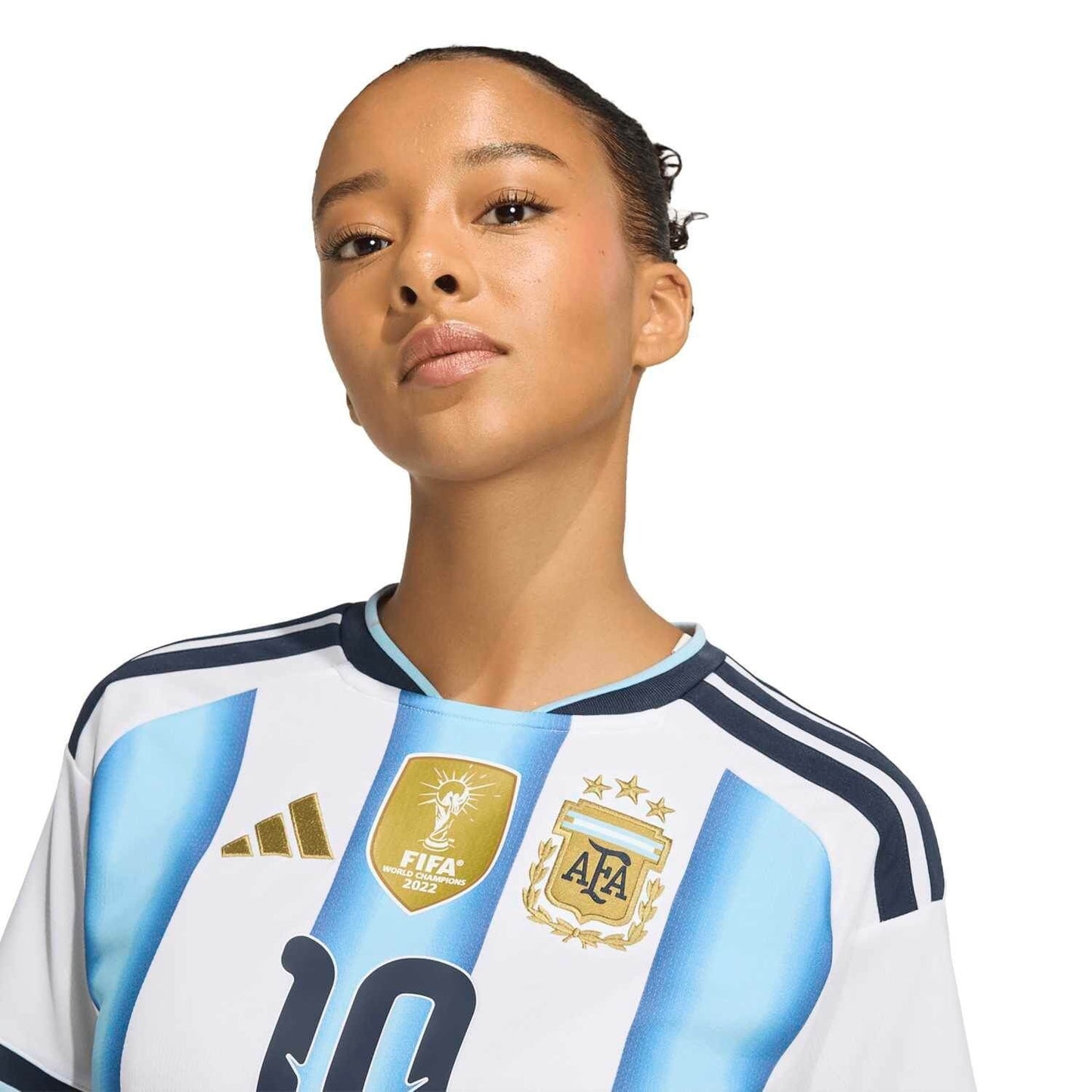 top half of Argentina adidas Home Shirt 2026 - Womens with Messi 10 printing