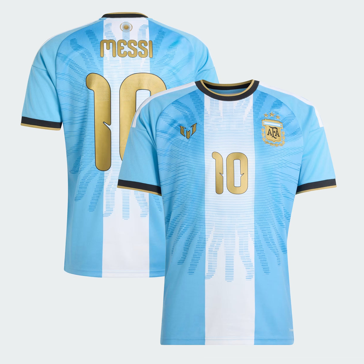 Front and back view of Argentina national team AFA x Messi light blue replica jersey featuring Lionel Messi by Final Third Kit