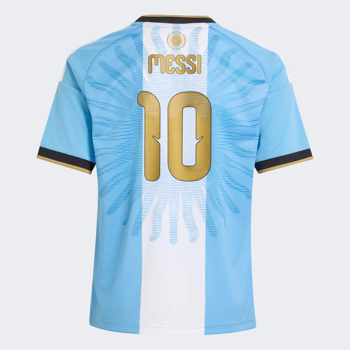 Back view of youth Argentina national team AFA x Messi light blue replica football shirt with Lionel Messi name and number 10 printing by Final Third Kit