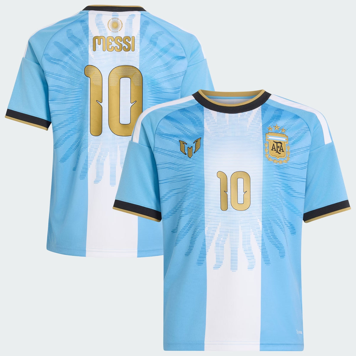 Front and back view of youth Argentina national team AFA x Messi light blue replica jersey featuring Lionel Messi by Final Third Kit