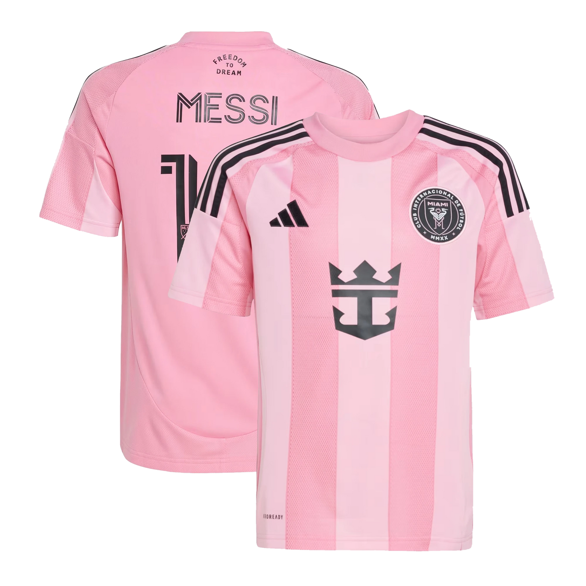 Front and back view of Inter Miami CF 2026 home pink replica jersey featuring Lionel Messi by Final Third Kit